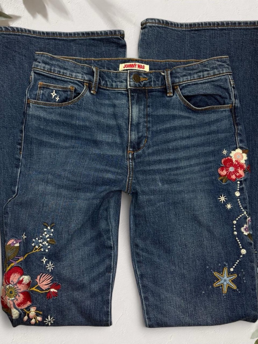 Johnny Was Dark Blue Embroidered Wide Leg Jeans with Floral Accents